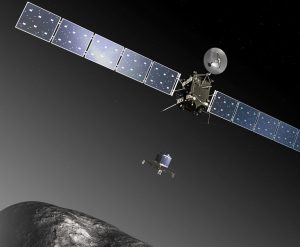  Recreación artística de Rosetta y su módulo Philae descendiendo hacia el cometa 67P/Churyumov–Gerasimenko