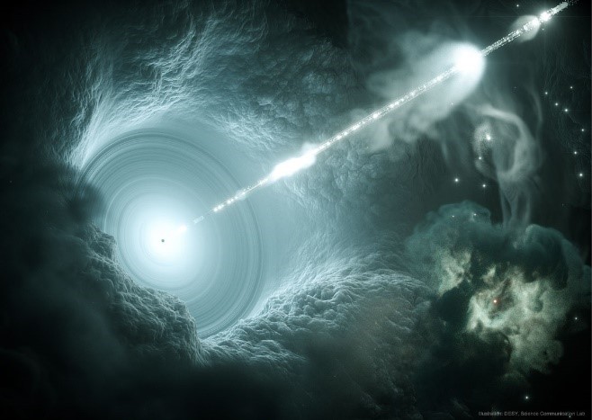 Agujero negro supermasivo en el centro de una galaxia activa. Los chorros de partículas relativistas en un blazar apuntan hacia la Tierra. (DESY, Science Communication Lab)
